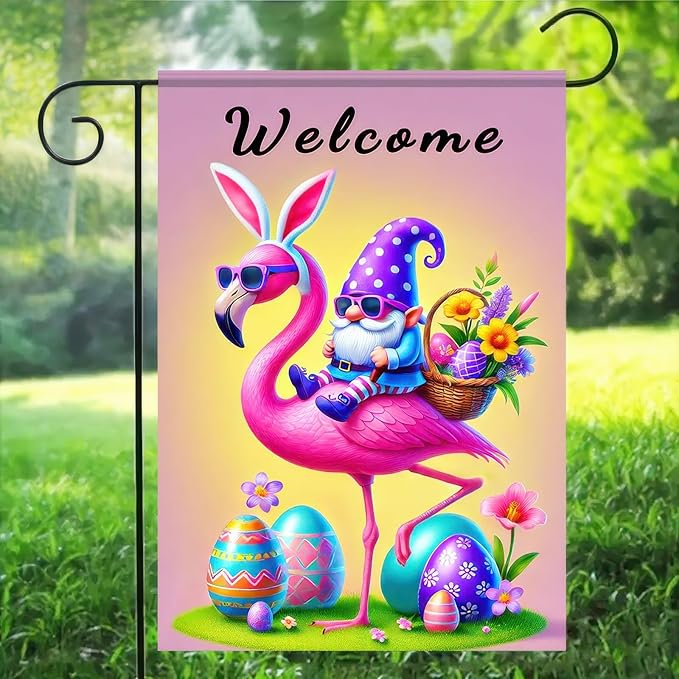 Easter Garden Flag 12" X 18" Double Sided Welcome Easter Flamingo Flag Gnome Garden Flag Gnome and Flamingo Welcome Spring Holiday Yard Outdoor Banner Yard Flags for Party Home Decor