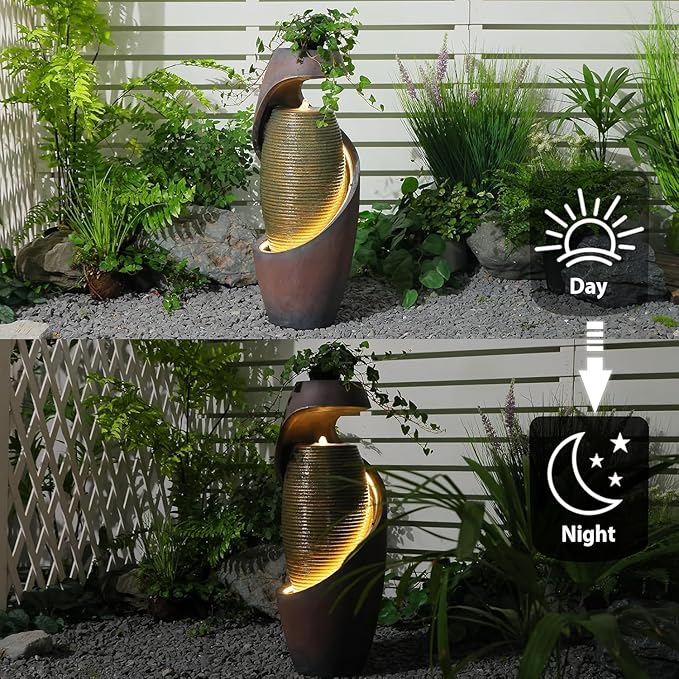 Modern Outdoor Freestanding Water Fountain with LED Lights, Resin Garden Water Feature with Planter Top for Patio, Yard & Porch, 29.5"H Sculptural Oval Waterfall Fountain Indoor Decor, Realaxing Sound