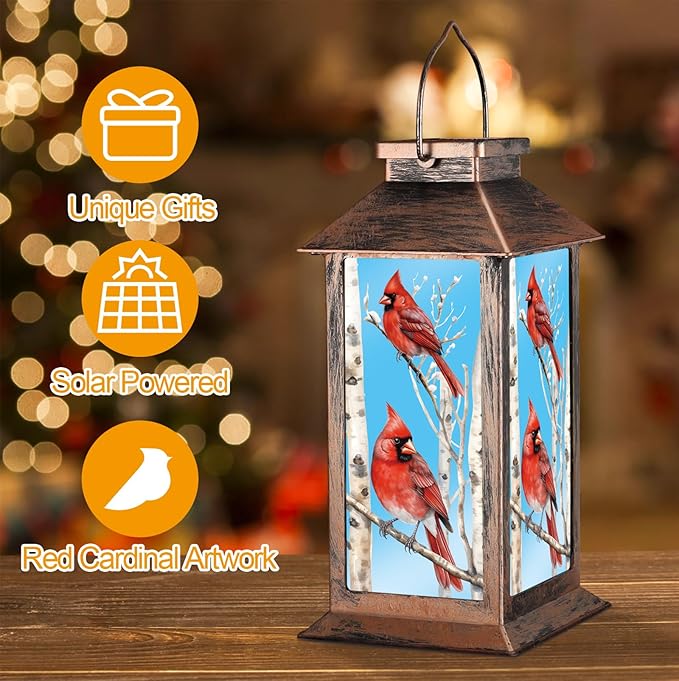 Solar Lanterns with Cardinal Theme Outdoor Waterproof Decorative Lights for Garden Birthday Gifts for Women, Mom, and Grandma Solar LED Hanging Lights for Yard, Patio, Lawn, and Porch(Tree Trunk)