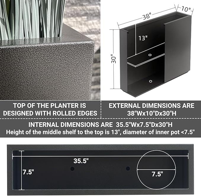 Wallowa Metallic Heavy Planter for Outdoor Plants, 38Lx10Wx30H Inches Tall and Long Metal Divider Planter Box for Outside & Indoor, No Assembly Required (Gray)