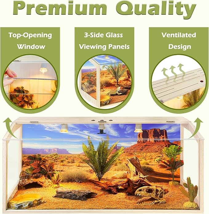 PROLEE Tempered Glass Bearded Dragon Tank,Reptile Tank with Clear Window View, Anti-Scratch Lizard Tank,Spacious Reptile Enclosure for Snakes, Lguanas, Chameleons (Oak, 81Gallons,48"L x 20"W x 20"H)
