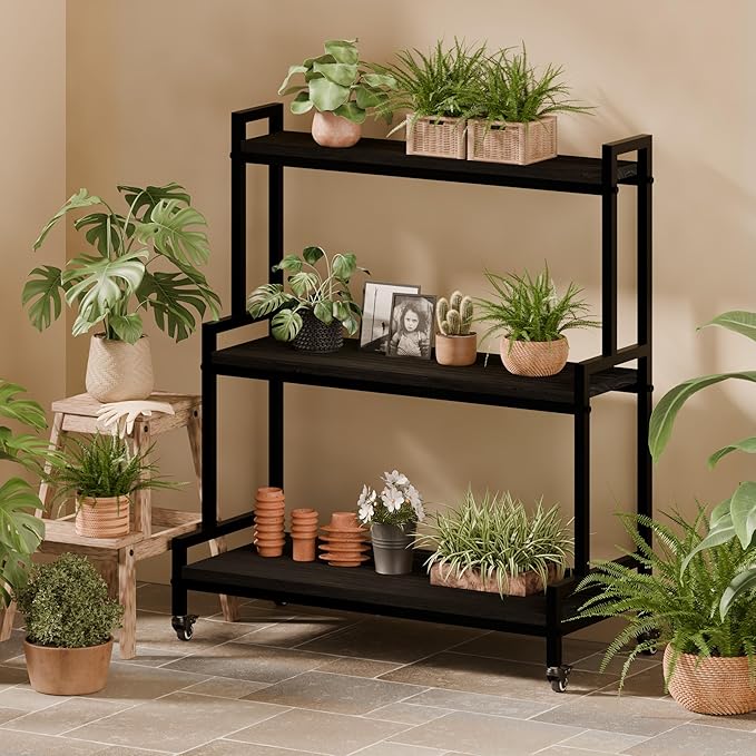 YCCO Plant Stand Indoor with Wheels 37” H, Rolling Plant Shelf Rack Outdoor,Metal Plant Stands with Solid Wood for Multiple Plants,Industrial Ladder Plant Flower Shelf for Garden,Living Room,Black