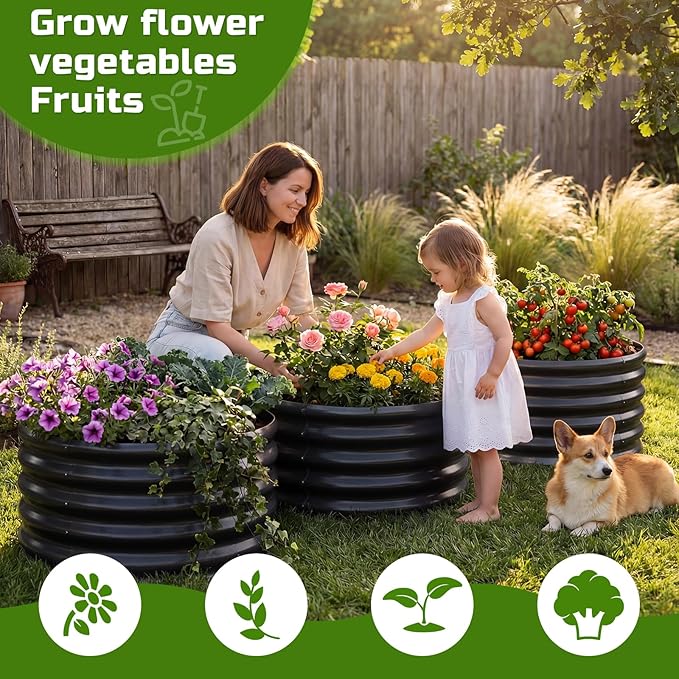 AHEONLAR 3PCS 2x2x2FT Galvanized Raised Garden Bed Kit Round Metal Flower Box Large Planter Raised Beds Outdoor Garden for Planting,Fruit,Herb Black