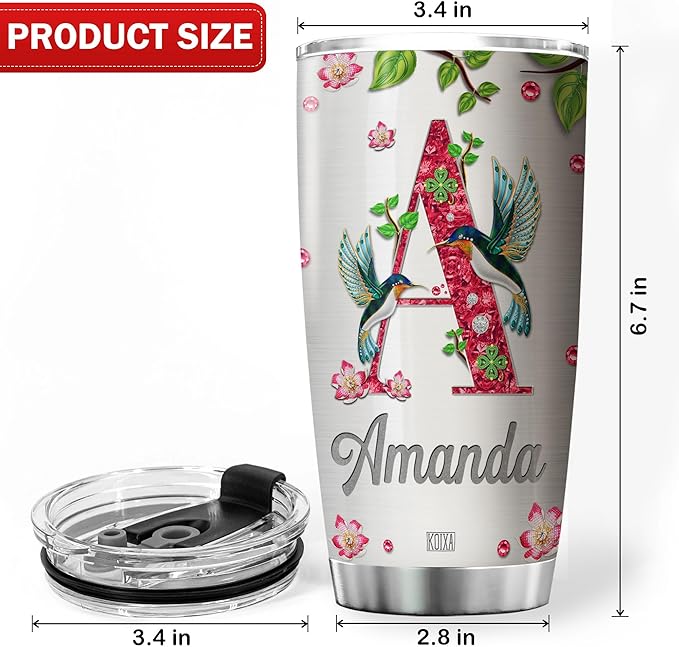 Personalized Initial Coffee Tumbler Hummingbird Custom Name Birthday Gifts For Women Mom Travel Mug With Lid Insulated Cup Cold Steel Tumblers Inspirational Quotes Jewelry Styles