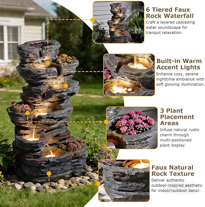 32.7’’H 6-Tier Rock Water Fountain Outdoor Cascading Waterfall Fountain with 3 Plant Nooks and LED Lights, Outdoor Water Fountain for Garden, Patio, Porch & Yard Decor