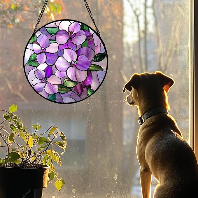 DASTOLL Stained Glass Window Hanging 4 Pcs Set Purple Flower Theme 6.3" - Tulip Suncatcher Door Garden Sun Catcher Decor Birthday Christmas for Plant Lovers Woman Nana Men