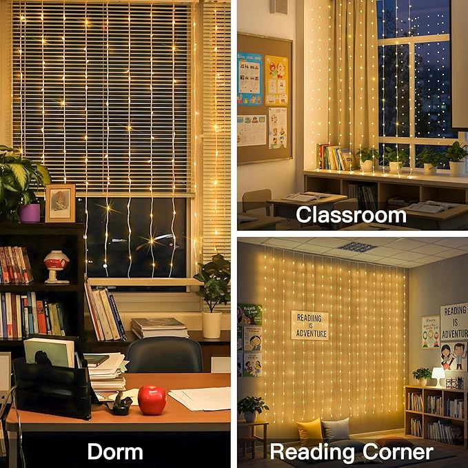 suddus Tangle-Free Curtain Lights,200 LED 6.5x6.5ft Hanging Lights with Hooks, Curtain Lights for Bedroom,Christmas, Dorm, Wall, Backdrop, Window, Wedding, Party, Birthday Decor, Warm White