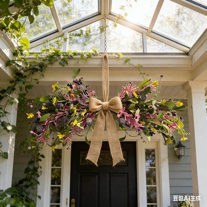 22'' Spring Floral Swag Wreath for Front Door Artificial Greenery Flower Teardrop Swag with Pink Yellow Daisy Wildflower Lavender for Farmhouse Kitchen Cabinet Porch Wall Window Wedding Arch