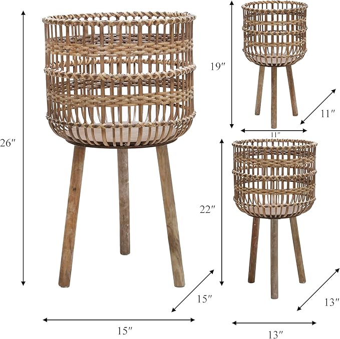 Sagebrook Home Set of 3 Wooden Planter Stands Bamboo Decorative Flower Pots for Indoor Outdoor Use, Rustic Woven Plant Holders with Legs for Home & Garden Decor, 19", 22"& 26" H