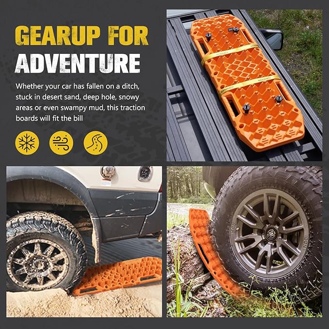 BUNKER INDUST Gen 7th Traction Boards with Mounting Kit, Pair Offroad Recovery Tracks with Jack Base for 4X4 Jeep Truck Tire Traction-Sand,Mud, Snow Ramps (Orange)