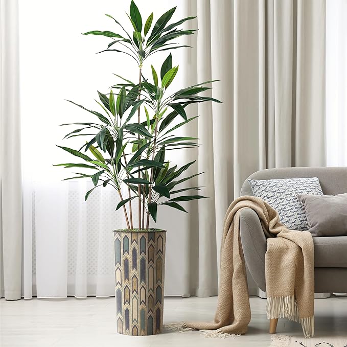 SIGNWIN Artificial Tree in Modern Polygon Pattern Effect Planter, Fake Dracaena Tree Silk Tree for Indoor and Outdoor Home Decoration - 66" Overall Tall (Plant Pot Plus Tree)