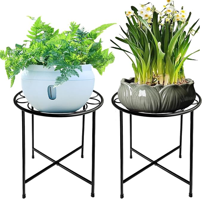 ZEECER Plant Stand, 2 Pack Round Plant Stands Indoor Outdoor, Retro Design 15'' Tall Plant Stand, Rust-proof Coated Metal Plant Pot Stand Flower Stands for Indoor Plants Patio Garden Home Decor Black