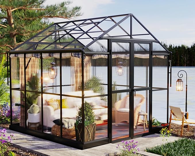 Jocisland 7.5x7.6x7.4 FT Outdoor Aluminum Polycarbonate Greenhouse with Ventilation and Rain Gutter, Double Swing Doors with Hook, Walk in Greenhouse for Outdoors, Backyard, Garden (Black)