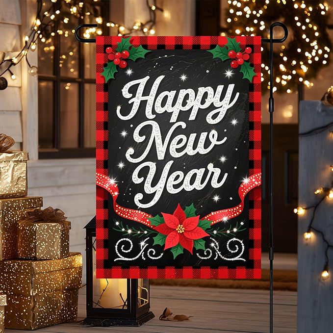 Happy New Year Garden Flag 12x18 Inch Double Sided Plaid Banner Outdoor Yard Decoration with Holly Berry and Poinsettia for Home Lawn Porch Seasonal Holiday Garden Flags