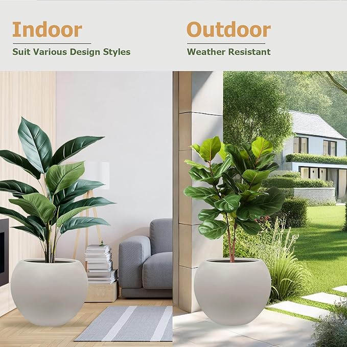 KUTE NEST 16" H x 20" D Globo Fiberstone Round Planter with Drainage Hole, Smooth Finishes, Weather Resistant for Indoor and Outdoor Use, Included 2 Extra Coco Mats (Taupe, 13.5" Pot Opening)