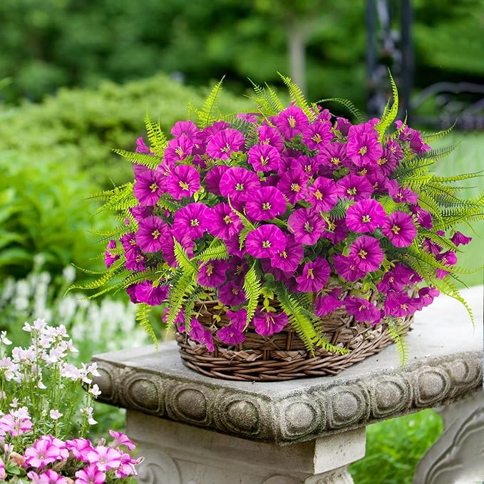 HIAGROW Artificial Flowers Outdoors 12 Bundles Artificial Petunias Fake Flowers UV Resistant Shrubs Plants with Fern for Indoor Outside Hanging Planters Home Garden Summer Decorations (Magenta)