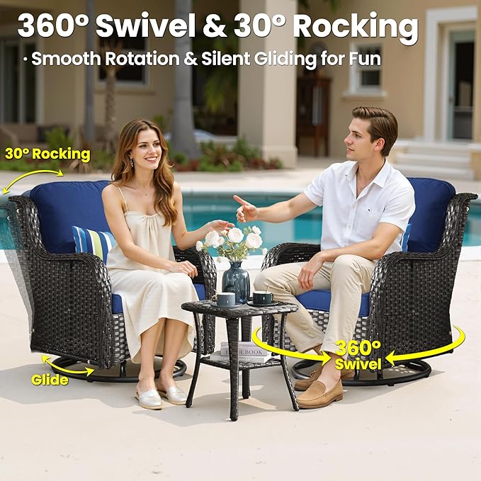 ovios 10 Pieces Patio Furniture Set, Outdoor Wicker Sofa Couch with Swivel Chairs 54" Fire Pit Table, High Back Modern All Weather Conversation Sets, Brown Rattan, Navy Blue