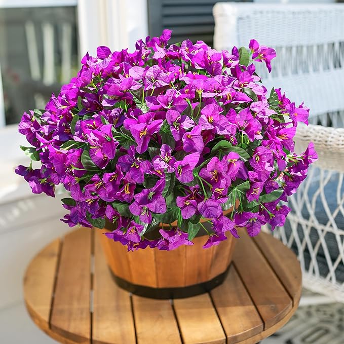 Fake Bougainvillea Artificial Flowers for Outdoors Spring Summer Decor, 4 Bundles Realistic Faux Silk Outside Flowers UV Resistant Faux Plants for Planter Patio Front Door Window Garden Home, Purple