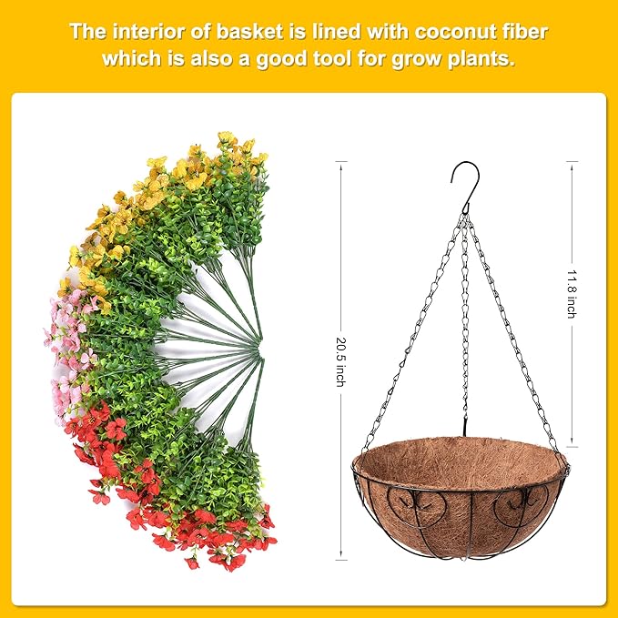 Artificial Flowers Hanging Basket for Outdoor Spring Summer Decor, Fake Silk Colorful Daisy Eucalyptus in 12" Metal Coconut Lining Pot Arrangement for Home Patio Yard Decor(Red Yellow Pink)