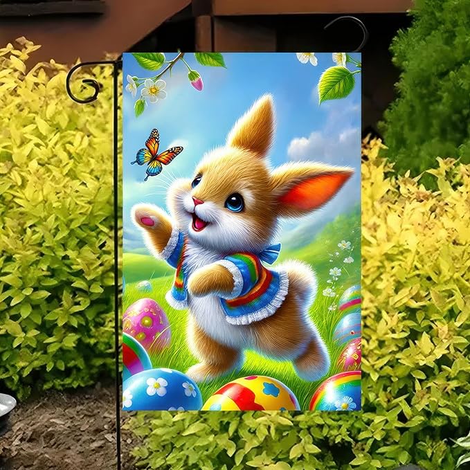 Happy Easter Bunny Garden Flag 12x18 Inch Double Sided Colorful Egg Spring Design Small Outdoor Yard Flag Cute Rabbit Welcome Banner for Porch Lawn Patio Spring Easter Decor