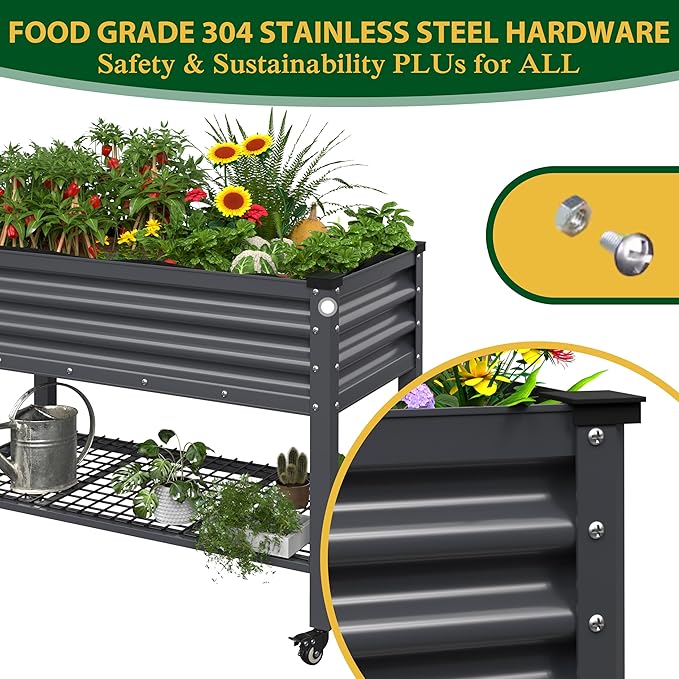MUPATER 48" L x 24" W x 34" H Galvanized Steel Raised Garden Bed with Legs, Large Metal Elevated Planter Box with Rolling Casters & Extra Bottom Shelf for Backyard, Garden, Patio, Balcony, Gray