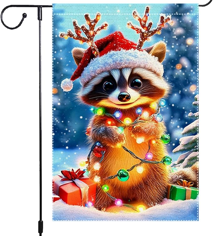 Christmas Garden Flag 12x18 Inch Double Sided Burlap Raccoon with Santa Hat and Lights Cute Winter Outdoor Yard Decoration for Holiday Porch Lawn Farmhouse Decor