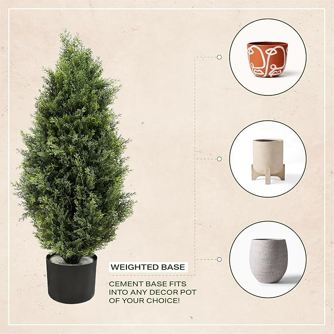 Artificial Topiary Cedar Trees 3ft, 2 pk - Outdoor Indoor Faux Pine Shrubs Plants, Realistic Fake Plants Front Porch Decor, Artificial Bushes Cypress for Home Front Door Offices