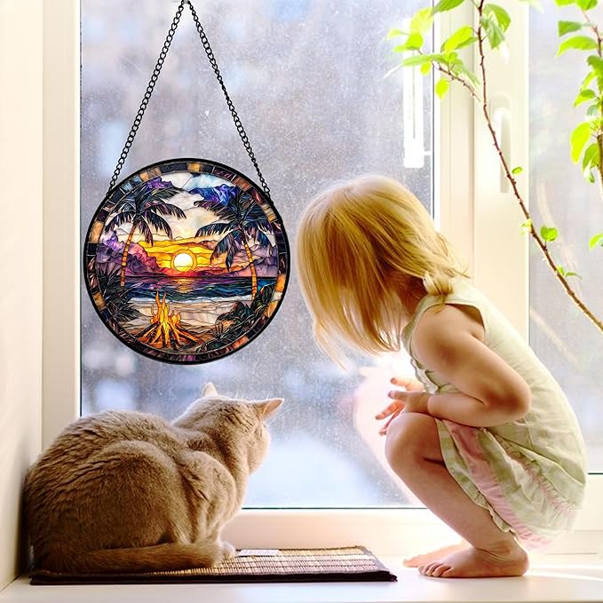 DASTOLL Stained Glass Window Hanging,Bonfire Beach Landscape Suncatcher Diamond Glass Panel Sun Catchers Decor for Birthday for Women, Men, Wife, Aunt, and Mom 9.8 in