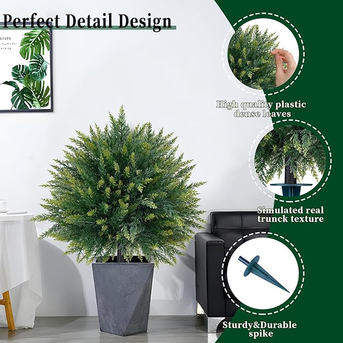 EverNature 2 Pack Artificial Cedar Topiary Trees with Ground Spike, Fake Pine Shrubs Bushes, UV Resistant Faux Evergreen Cypress Tree Plants for Indoor Outdoor Planters Front Porch
