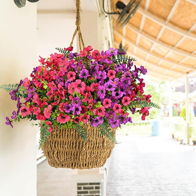 Pinenoya Artificial Faux Plants Flowers Outdoor Decoration,16 Bundles Fake Silk Colorful Daisy Eucalyptus Realistic UV Resistant for Outside Home Planter Porch Patio Yard Decor (Purple Red)
