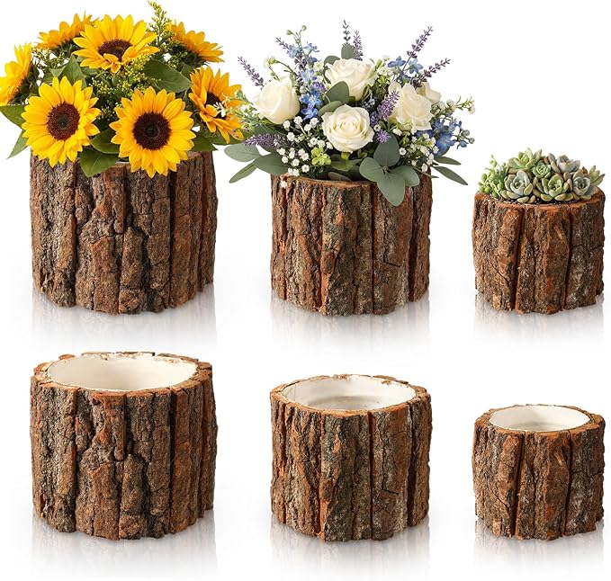 6 Pcs Wooden Vase for Centerpieces Woodland Table Decor Wooden Flower Vase Rustic Bark Stump Buckets Vintage Wood Planter Pots for Garden Party Wedding Window Home Farmhouse (L+m+s)