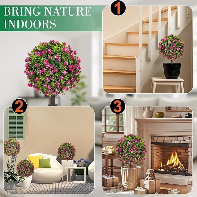 25" Artificial Boxwood Topiary Ball Trees with RoseFlowers, Set of 2 UV Resistant No Fade Outdoor Faux Plants with Ground Spike, Fake Shrubs for Garden, Patio, Porch, Yard, Indoor