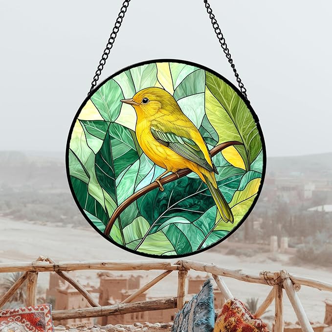 DASTOLL Stained Glass Window Hanging 4 Pcs Set Green Plants Animals Theme Large 11.8" - Bird Tiger Suncatcher Door Garden Sun Catcher Decor Birthday for Mom Woman Nana Men Friend
