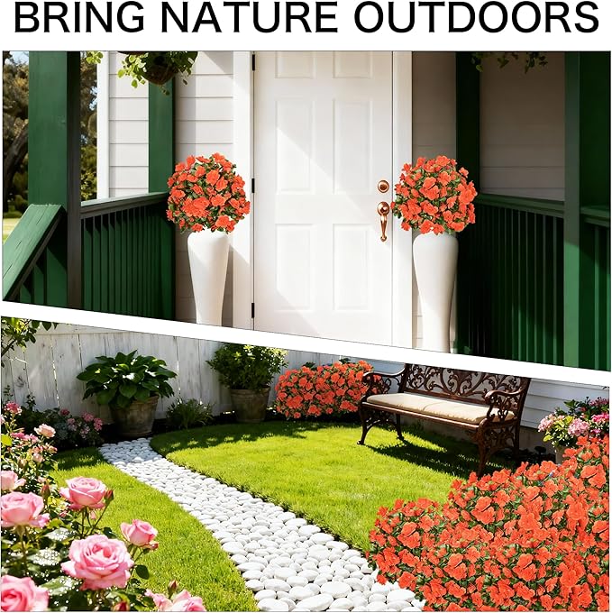 AZXVT Artificial mums for Outdoors, Faux Outdoor Plants Fake Plants Topiary Balls Artificial Outdoor Set of 2 with Ground Spike for Home Front Porch Patio Garden Decor (Orange)