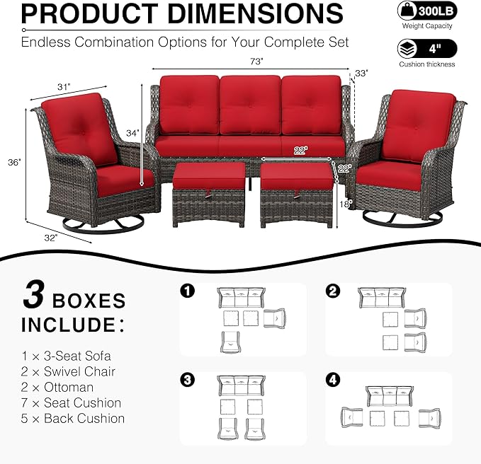 Joyside 5 Piece Wicker Patio Furniture Set, Outdoor Swivel Rocker Patio Chairs with High Back, Deep Seating, Wide Armrest, Thickened Cushions, Outdoor Furniture for Deck, Porch Use
