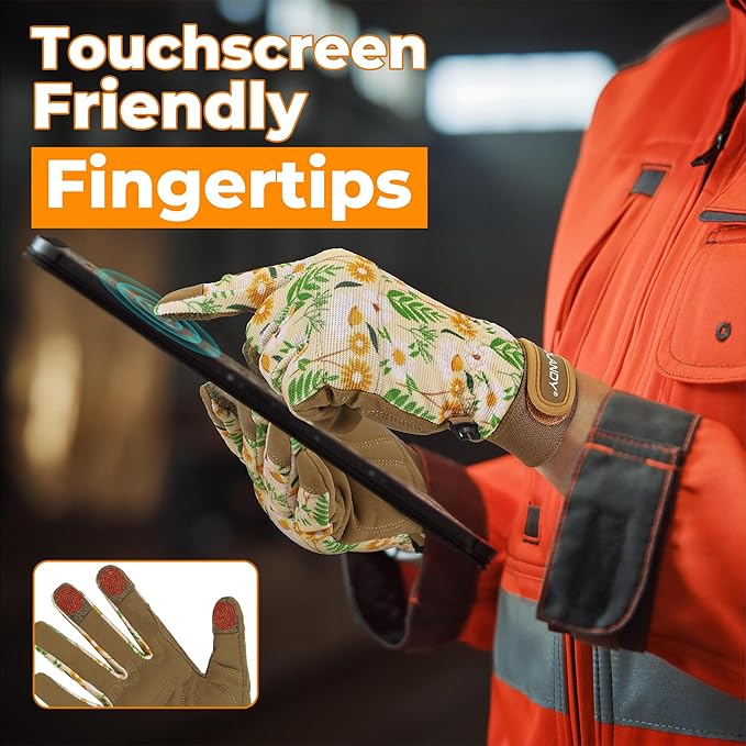 HANDLANDY Work Gloves for Women, Breathable Leather Gardening Glove for Yard Maintenance, Hand Protection with Touch Screen for Gardeners, Farmers