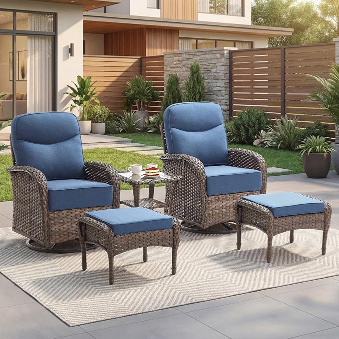 Outdoor Swivel Rocking Chair Patio Set (5-Piece), High-Back - Thick Cushion Swivel Rocking Chair Patio Set, All-Weather Wicker Patio Furniture Set, Suitable for Balcony Patios, Brown/Blue