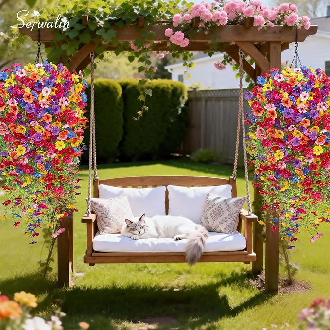 Serwalin 12PCS Artificial Fall Flowers for Outdoors Decoration, Realistic Silk Artificial Fall Hanging Flowers for Patio, Garden, Porch, Window, Outside (Multicolor,12PCS)