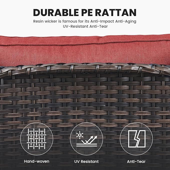 Belord Outdoor Furniture Set Patio Wicker Chairs, 3 Peices Porch Rattan Furniture with Side Table, Deep Seating Patio Bistro Chair Sets (Red Cushion)