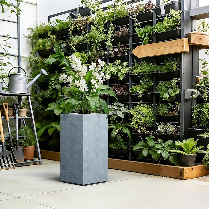 Kante 27.6" H Tall Rectangular Concrete Planter, Modern Square Diameter Plant Pot with Drainage Hole and Rubber Plug for Indoor Outdoor Home Patio Garden, Slate Gray