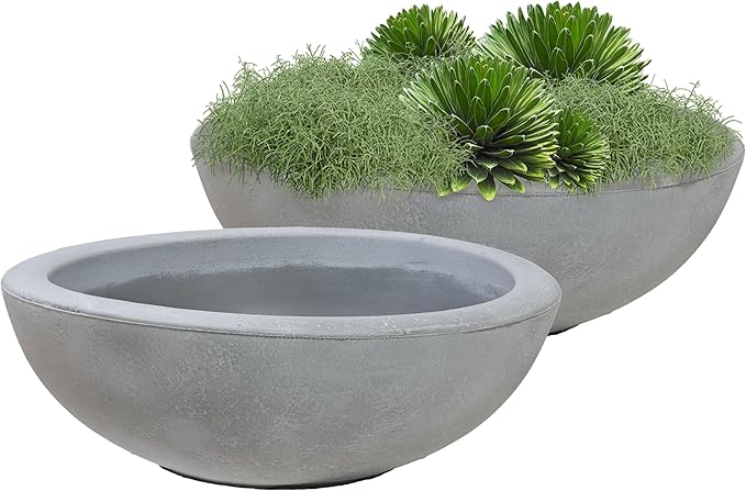 Sunnydaze Percival 20.75" Shallow Outdoor Planter Bowl for Flowers and Succulents - Polyresin Double-Walled Design - Gray - Set of 2