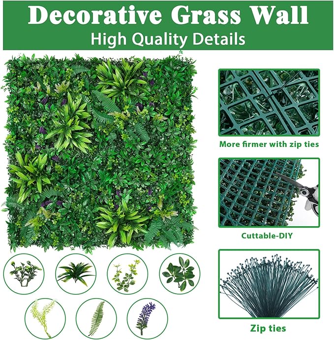 Yangrass 8pcs 20''x20'' Grass Wall Panels, Artificial Hedge Panels Greenery Wall, UV Protected Faux Grass Backdrop Privacy Fence Screen, Greenery Wall for Outdoor Indoor Garden Birthday Wedding Decor