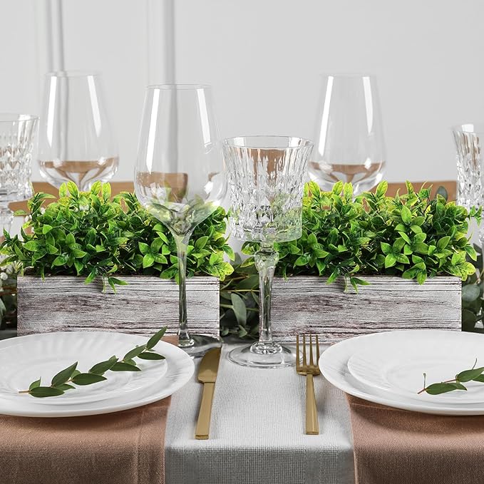 Lyrow 4 Pack Artificial Eucalyptus Plant in Rectangular Rustic Wooden Planter Box Faux Potted Herb Plant Table Centerpiece for Kitchen Windowsill Shelf Decor (White,11.4 '')