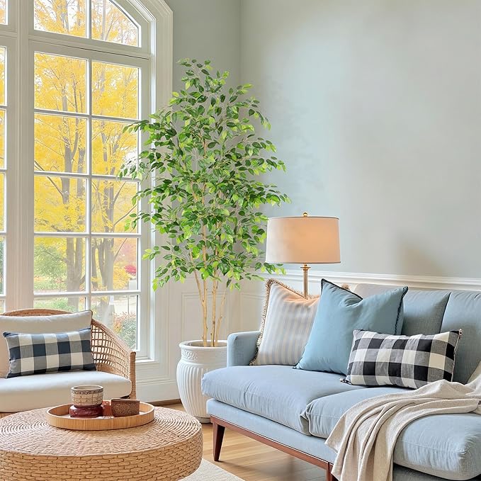 Tall UV Resistant Ficus Tree Artificial，7ft(84in) Realistic Texture Potted Faux Ficus Tree， Fake Trees Indoor Outdoor for Home Office Living Room Bedroom Foyer Porch Decor.