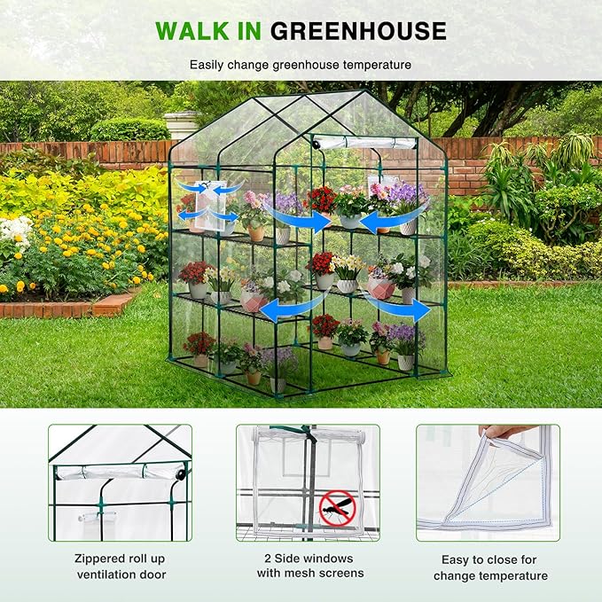 Yesker Greenhouse 57.5"x57"x77" Walk In Green House - Large Outdoor/Indoor Greenhouses with 8 Shelves Waterproof PVC Cover & Windows, Portable Greenhouse Kit for Winter Backyard Gardening Patio, Clear