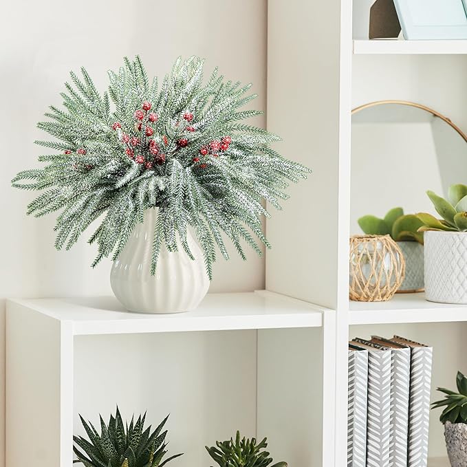60 Pcs Christmas Snow Norfolk Pine Branches with Red Berry Stems, Snowy Artificial Xmas Branches Pine Tree Needle, Berries White Frosted Fake Greenery Norfolk Pines Stems Sprigs for Garland Home Decor