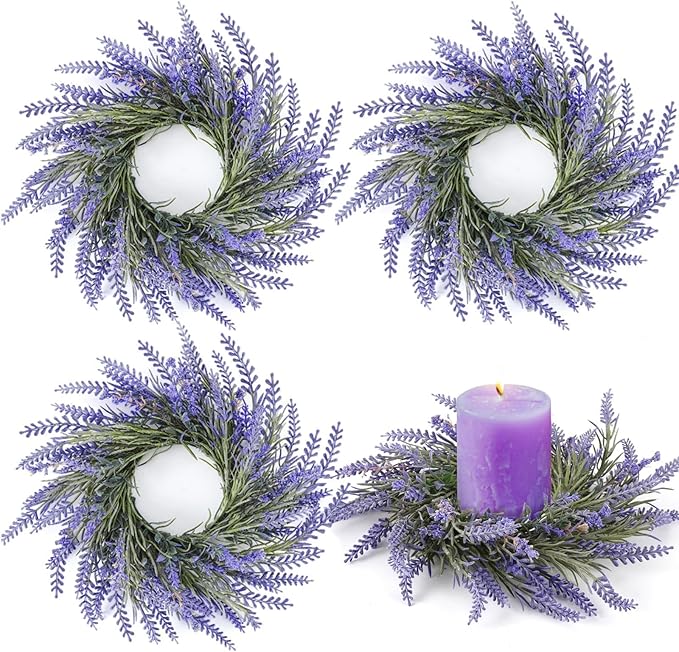 4 Pcs Lavender Candle Rings Wreaths Mini Purple Wreath Table Centerpieces 3 Inch Floral Wedding Ring Wreaths Pillar Lavender Candle Holder for Spring Summer Home Door Party Decoration