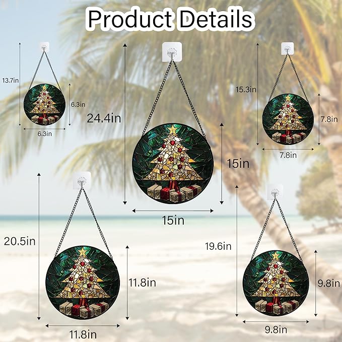 HWRHTR Stained Glass Window Hanging - Golden Christmas Tree Suncatcher for Doors Home Christmas Decoration Winter Sun Catcher Thanksgiving New Year Birthday Gifts for Women Men Mom Nana Girl 11.8 in