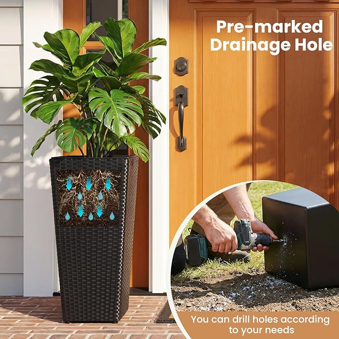 HAPPYGRILL 24" Tall Rattan Plant Pots Set of 2, Outdoor Taper Planter w/Detachable Inner Flower Pots, Metal Frame & Adjustable Foot Pads, Decorative Wicker Planter Boxes for Porch Patio Backyard