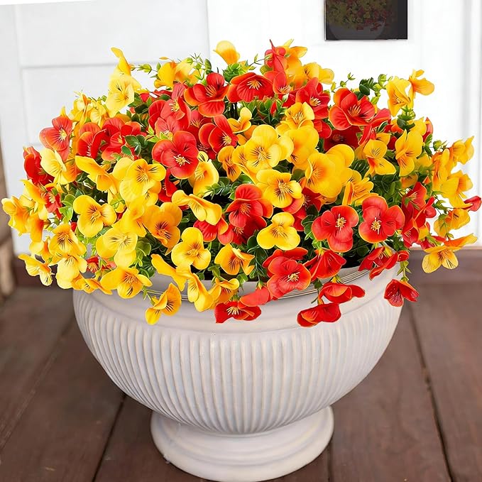 Artificial Pansies Faux Flowers Plants for Outdoor Outside Decoration, 12 Bundles Fake Pansy UV Resistant Realistic Silk Flowers Bouquets with Eucalyptus for Planter Front Door Garden Porch Patio Yard